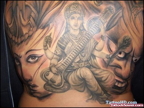 Grey Ink Demon And Geisha Head Tattoo On BAck
