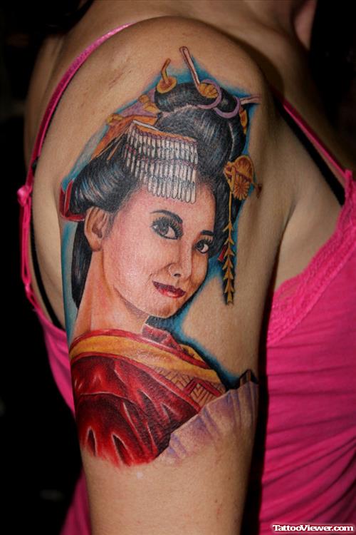 Beauty Woman Geisha Tattoo On Right Half Sleeve