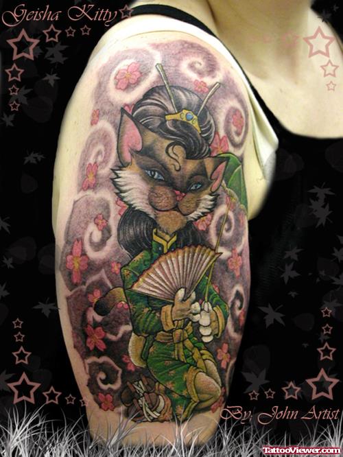 Color Ink Cat Geisha Girl With Fan Tattoo