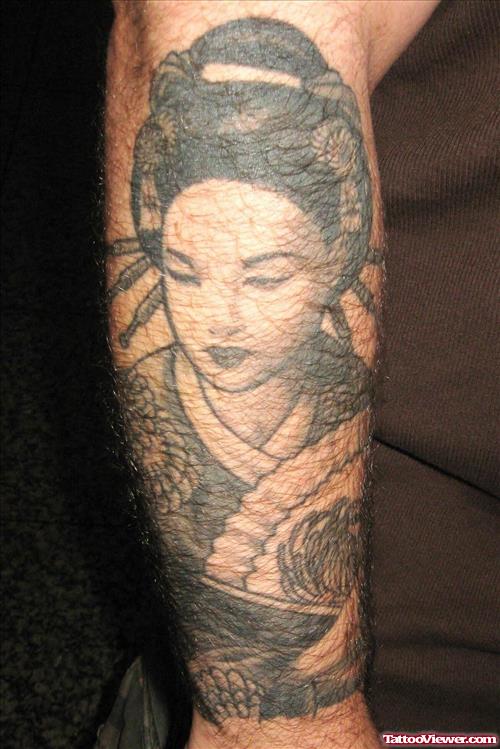 Awesome Grey Ink Geisha Tattoo On Right Sleeve