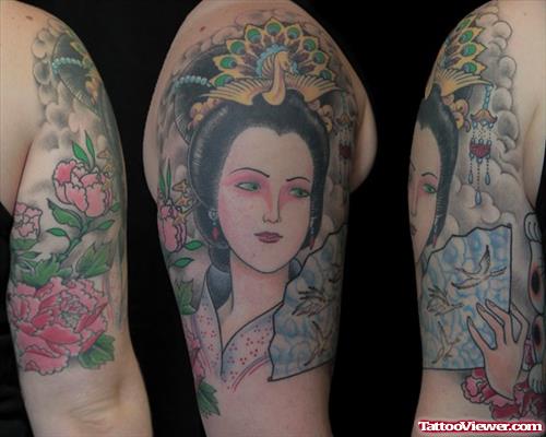 Awesome Color FLowers And Geisha Tattoo On Sleeve