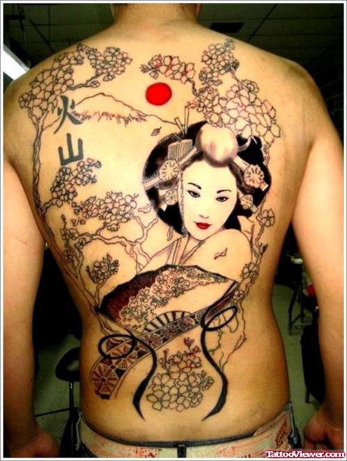 Amazing Grey Ink Geisha Tattoo On Man Back Body