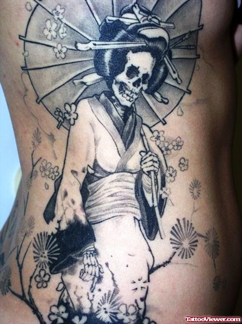 Zombie Geisha Tattoo On Rib Side