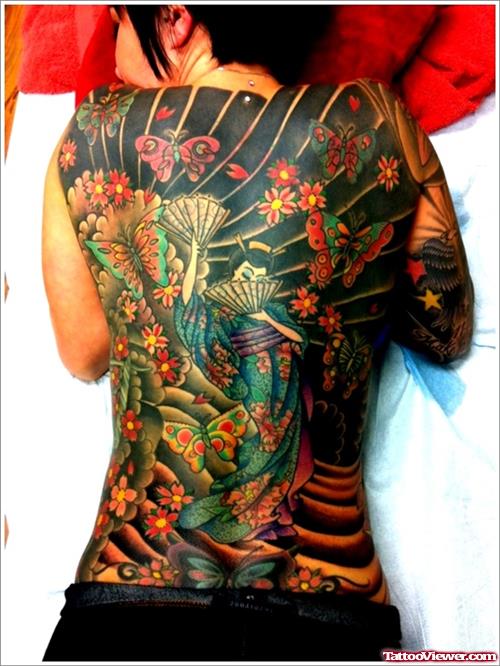 Colored Japanese Geisha Tattoo On Back Body