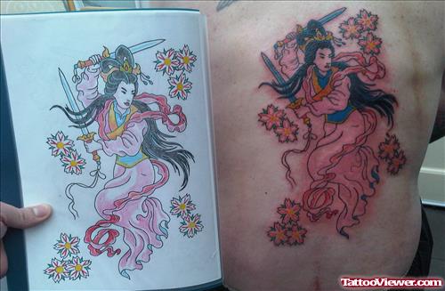 Color Ink Japanese Geisha Tattoo On Rib Side