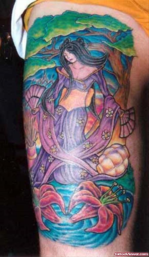 Color Ink Geisha Tattoo On Left Thigh