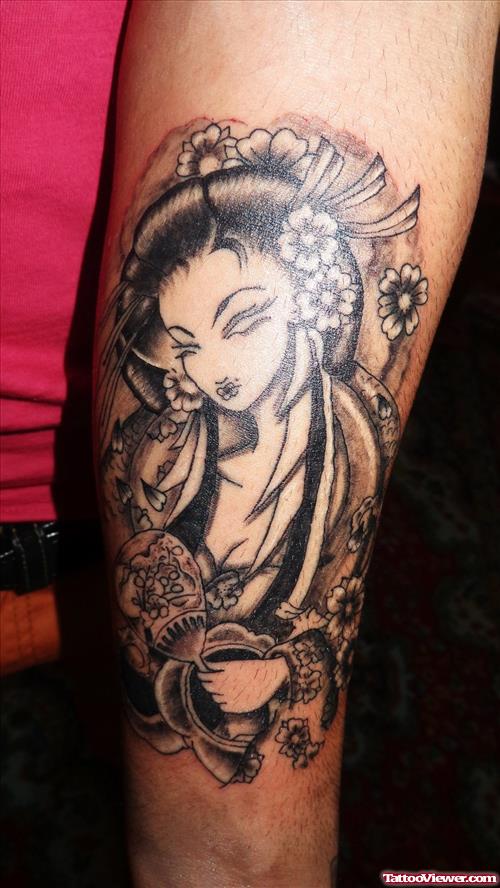 Best Grey Ink Geisha Tattoo On Sleeve