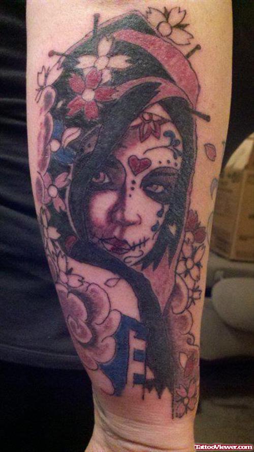 Awesome Grey Ink Dead Geisha Tattoo