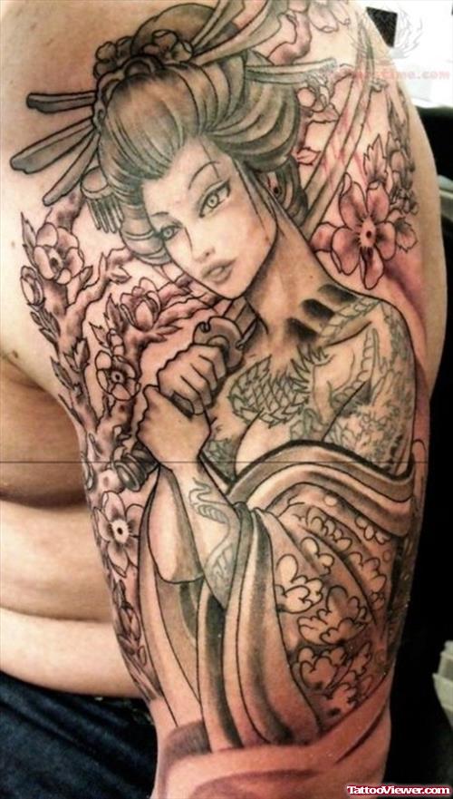 Amazing Grey Ink Geisha Tattoo On Left Half Sleeve
