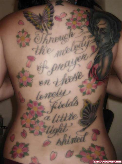 Lettering and Geisha Tattoo On Back