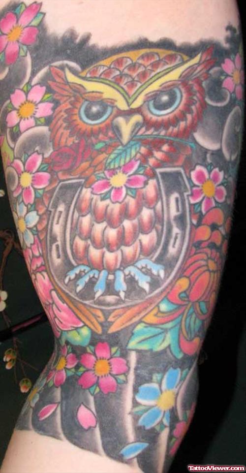 Colored Ink Geisha Owl Tattoo On Leg