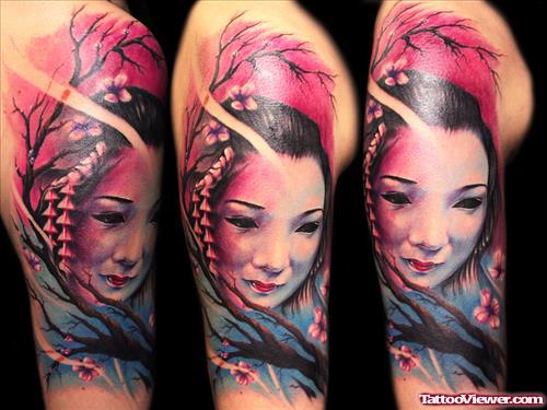 Colored Geisha Head Tattoo Design