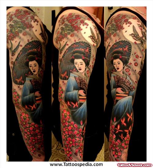 Cherry Blossom Flowers And Geisha Tattoo on Sleeve
