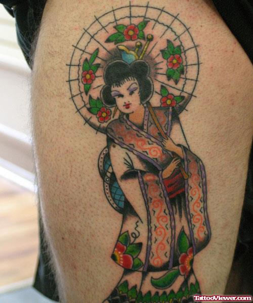 Amazing Color Ink Geisha Tattoo On Right Leg
