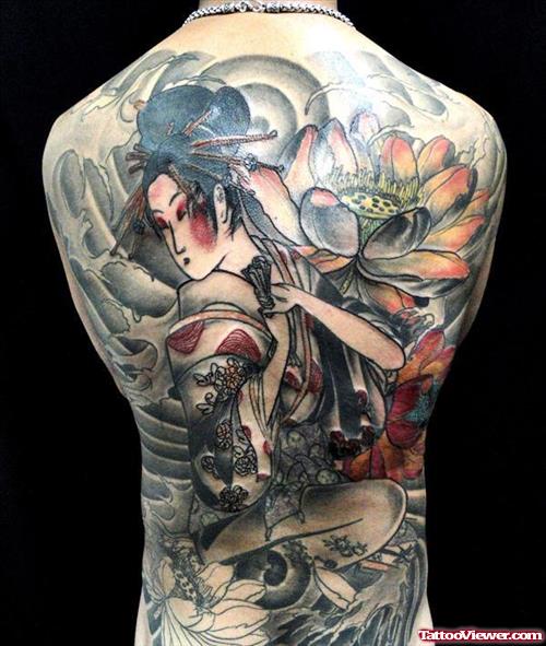 Unique Geisha Tattoo On Full Back