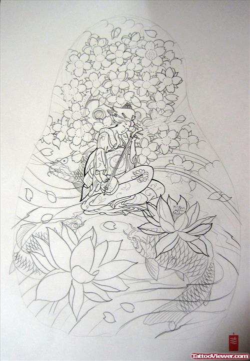 Lotus Flower and Geisha Tattoos Design