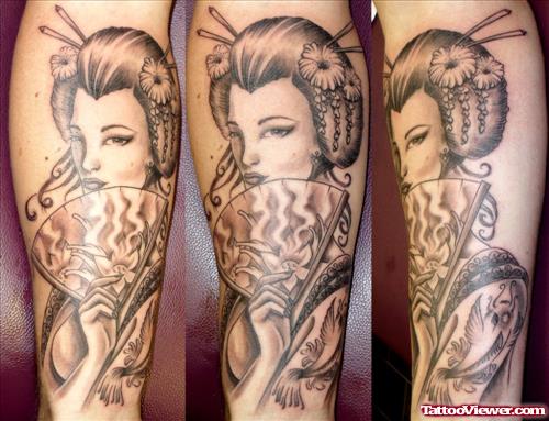 Grey Ink Geisha With Fan Tattoo