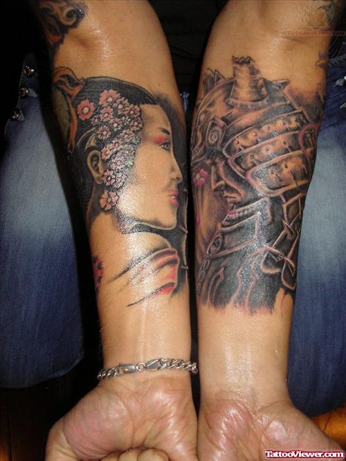 Grey Ink Geisha Tattoos On Both Forearm