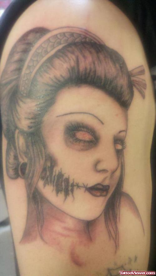 Awesome Grey Ink Zombie Geisha Tattoo