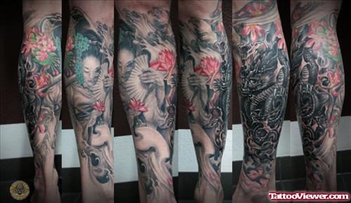 Grey Ink Geisha Tattoo On Leg
