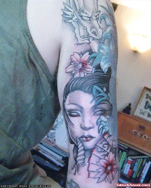 Geisha Tattoo On Half Sleeve