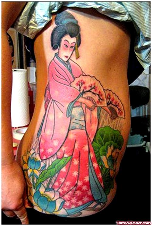 Colored Geisha Tattoo On Girl Rib Side