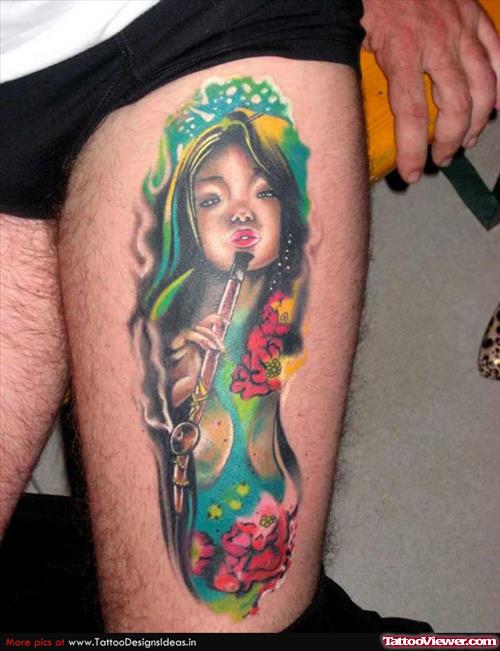 Colored Geisha Doll Tattoo On Left Thigh