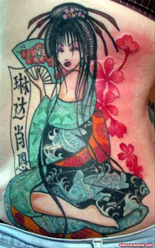 Awesome Color Ink Geisha Tattoo On Girl Rib Side