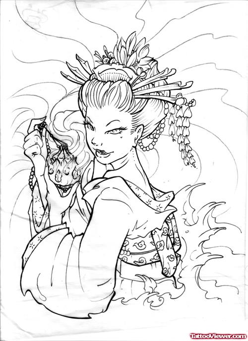 New Grey Ink Geisha Tattoo Design