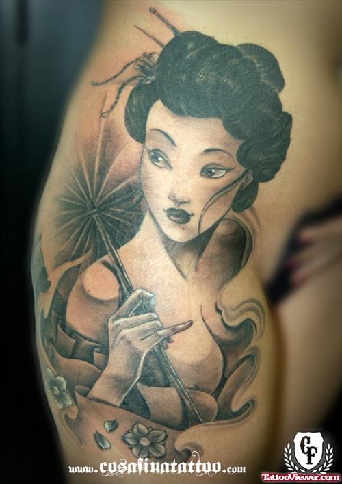 Grey Ink Geisha Girl Portrait Tattoo On Side