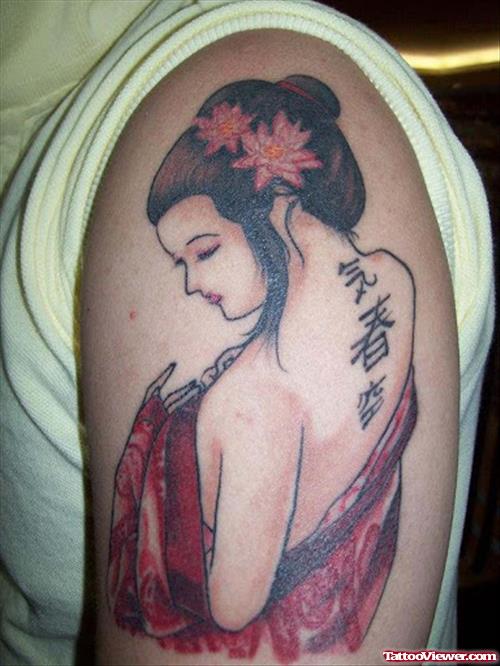 Japanese Geisha Tattoo On Left Half Sleeve