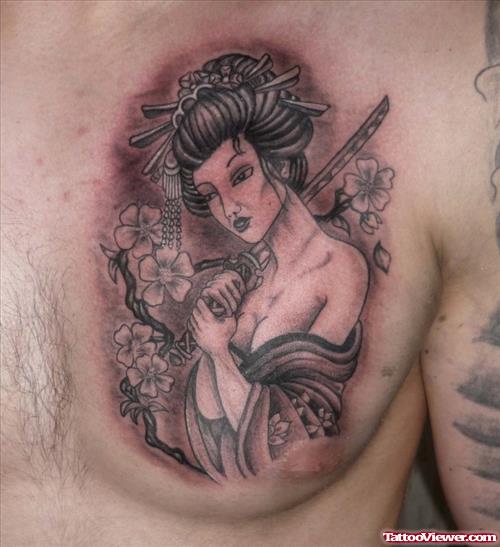 Grey Ink Geisha Tattoo On Man Chest
