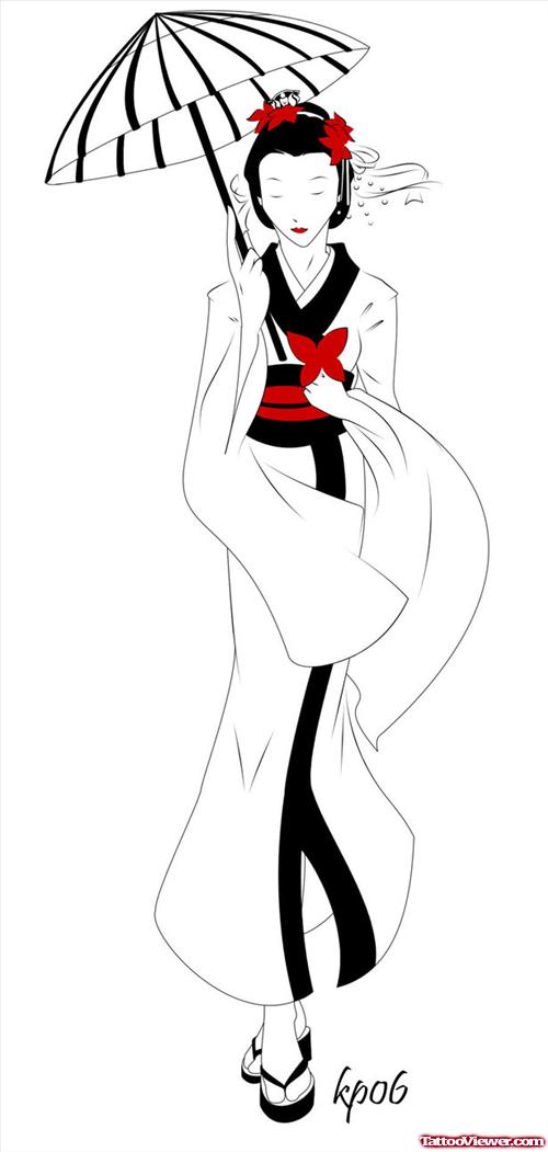Geisha With Umbrella Tattoo Design