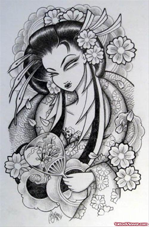 Cherry Blossom Flower And Geisha Tattoo Design