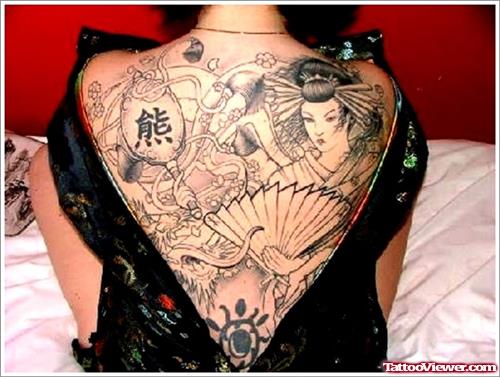 Beautiful Grey Ink Geisha Tattoo On Back