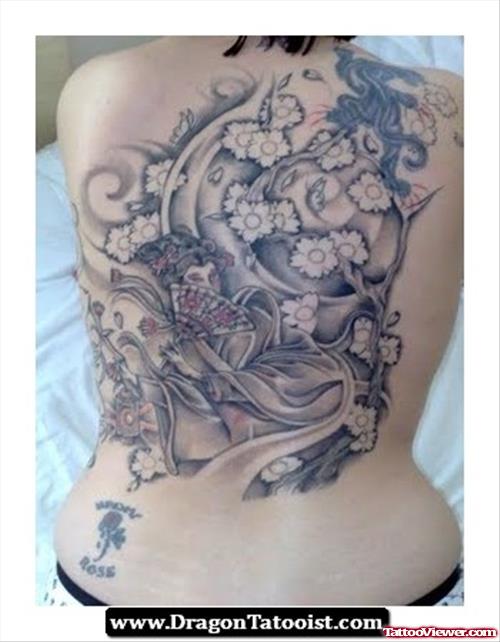 Attractive Grey Ink Geisha Tattoo On Back Body
