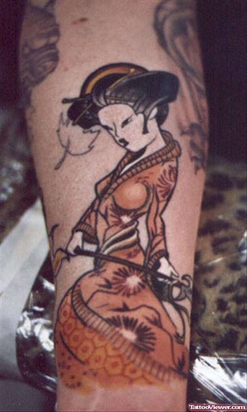 Amazing Color Ink Geisha Tattoo On Left Sleeve
