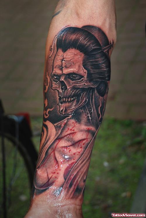 Grey Ink Zombie Geisha Tattoo On Right Arm