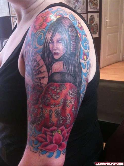 Extreme Color Ink Geisha Tattoo On Left Sleeve