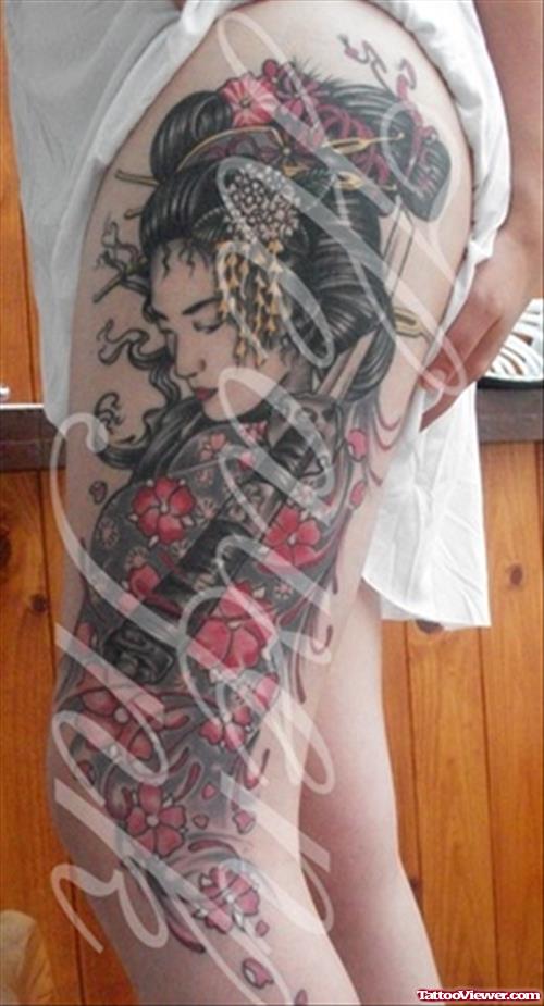 Colored Geisha Tattoo On Left Leg