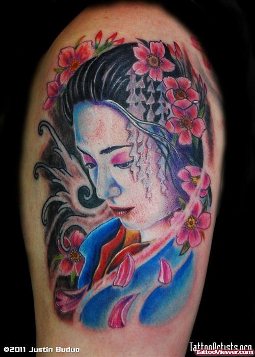 Amazing Colored Geisha Girl Tattoo On Biceps