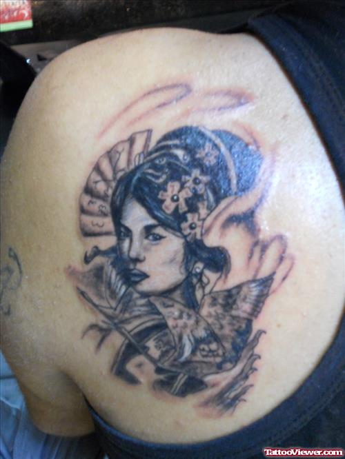 Geisha Tattoo On Lwft Back Shoulder
