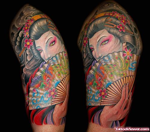 Extreme Colored Geisha Tattoo On Left Sleeve