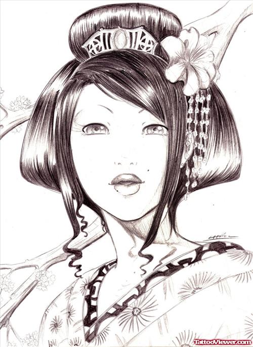 Awesome Geisha Girl Portrait Tattoo Design