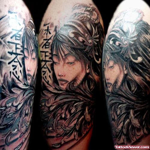 Dreadful Grey Ink Geisha Tattoo On Right Half Sleeve