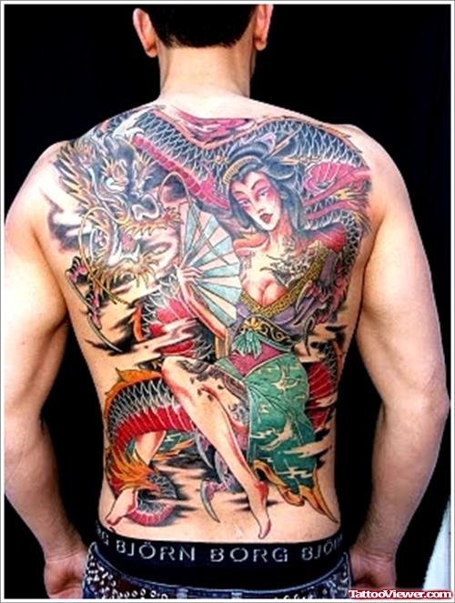 Colored Ink Geisha Tattoo On Man Back Body