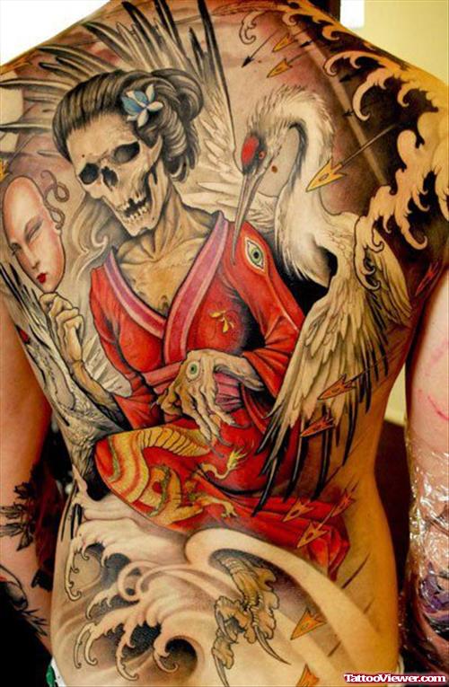 Skull Head Geisha Tattoo On Back