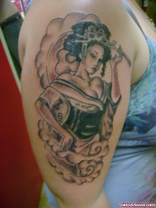 Grey Ink Geisha Tattoo On Right Half Sleeve