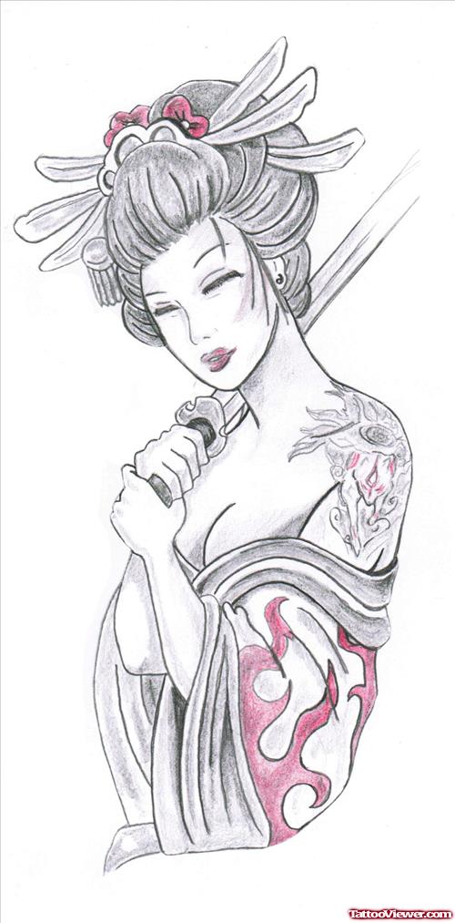 Geisha Holding Sword Tattoo Design