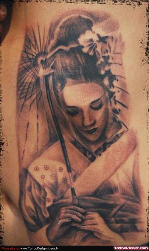 Grey Ink Geisha Tattoo On Left Side Rib